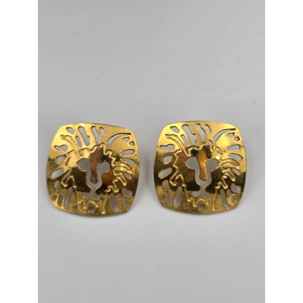 Bold Gold Tone Lion Head Cutout Square Stud Earrings Fashion Jewelry